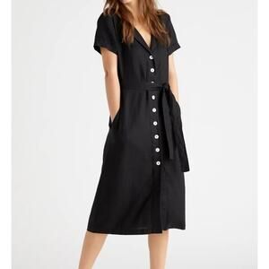 NEW Quince 100% European Linen Button Front Midi Shirt Dress Belted Black XL